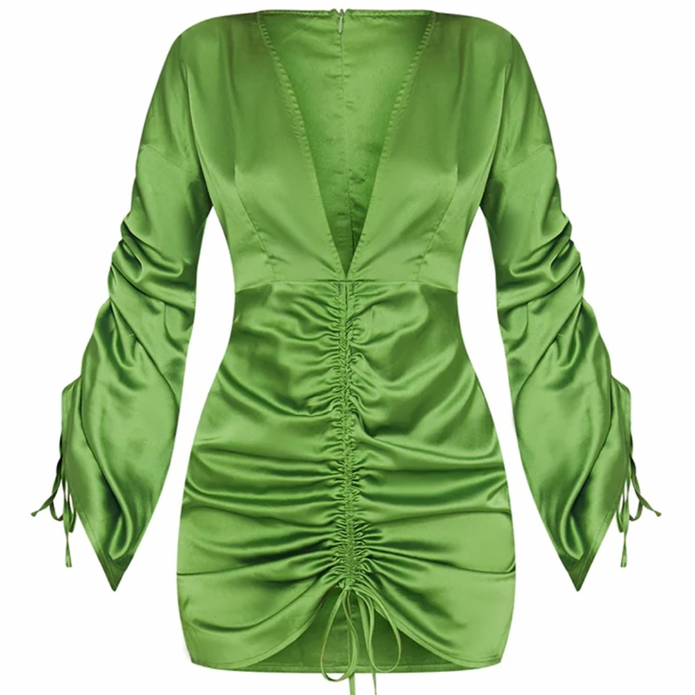 Olive Satin Plunge Ruched Front Bodycon Dress